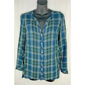 J Jill Blue Tartan Plaid Button Down Blouse XS XSmall V-Neck Long Sleeve Top
